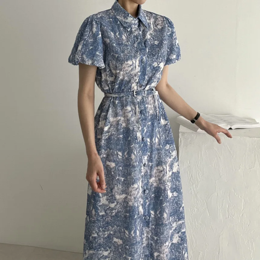 

Blue Flora Printed Dress Women 2023 Summer Chic Single-breasted Vestido Streetwear Clothing Turn-down Neck Vintage Dresses Lady