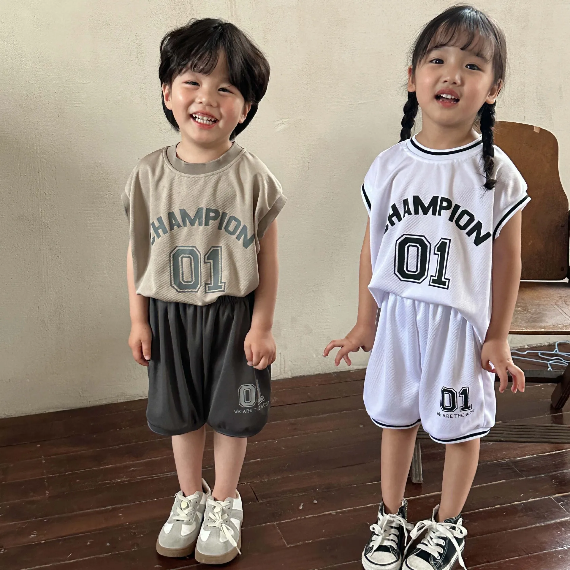 

Children Summer Sports Basketball Outfits Boy Girl Kid Casual Letter Print Tops+Shorts 2pcs Baby Cotton Loose Thin T-shirt Suit