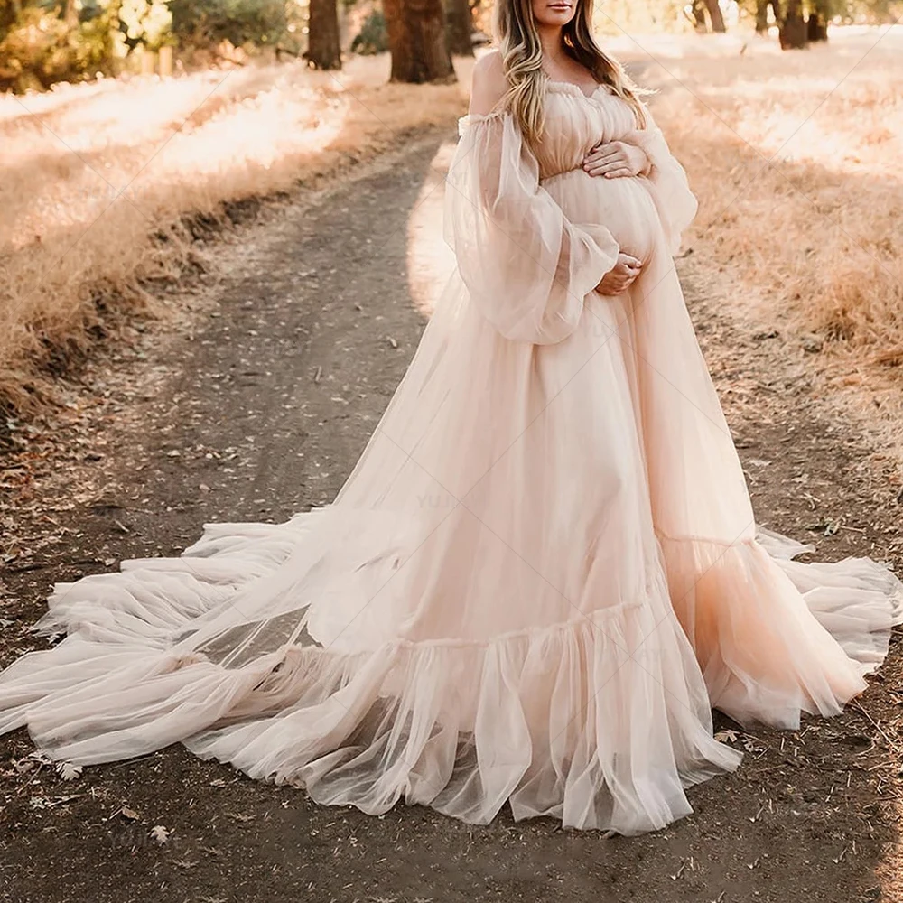 

Women Robes Champagne Long Sleeve Maternity Dresses for Baby Showers Fluffy Tulle Off The Shoulder Bathrobe Lingerie Sleepwear