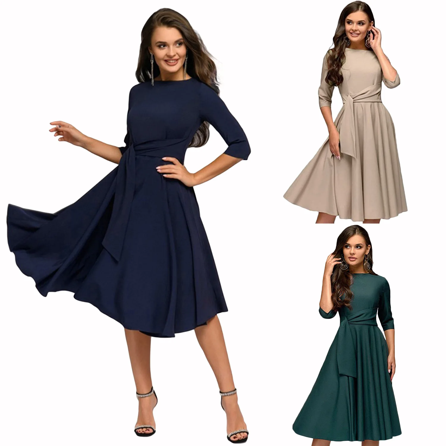 

2020 autumn new round neck mid-sleeve lace-up waist dress retro temperament large swing skirt