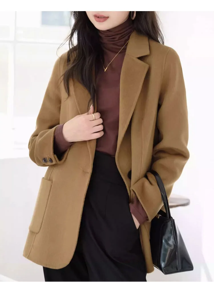 Женский шерстяной пиджак верблюжьего цвета короткое пальто с длинным рукавом