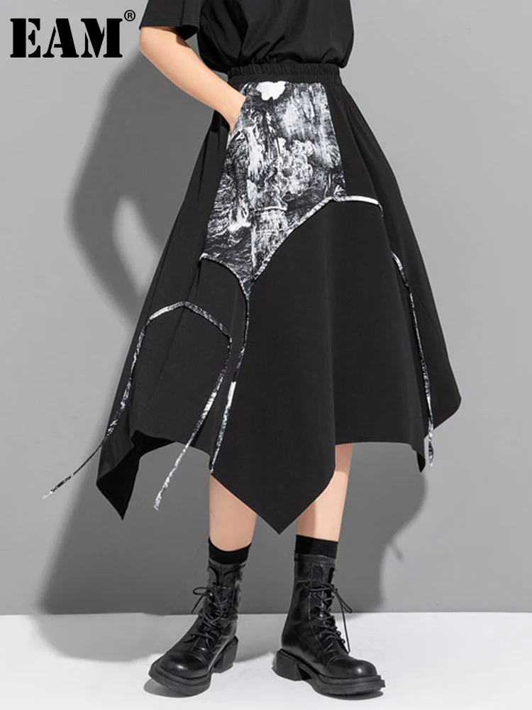 

[EAM] High Elastic Waist Black Print String Long Irregular Hem Half-body Skirt Women Fashion Tide New Spring Autumn 2023 1DF6504