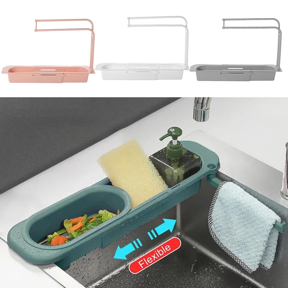 

1x Kitchen Sink Storage Organizer Adjustable Telescopic Sink Drying Rack Sponge Towel Rugs Holder Storage Basket Kitchen Gadgets