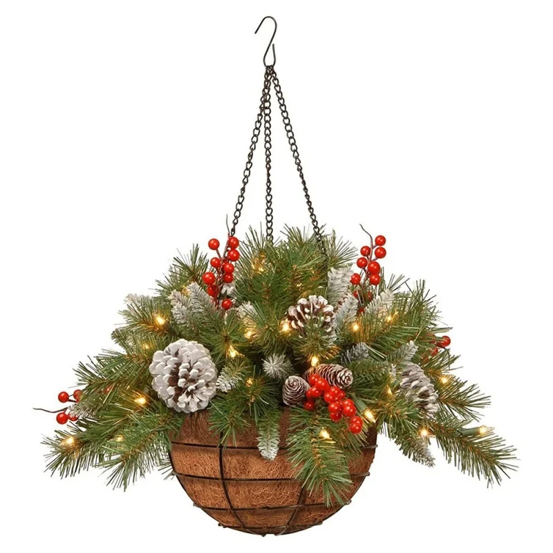 

Artificial Green Leaves Christmas Wreath with Berries and Pine Needles Holiday Garland Pendant Xmas Holiday Hanging Basket
