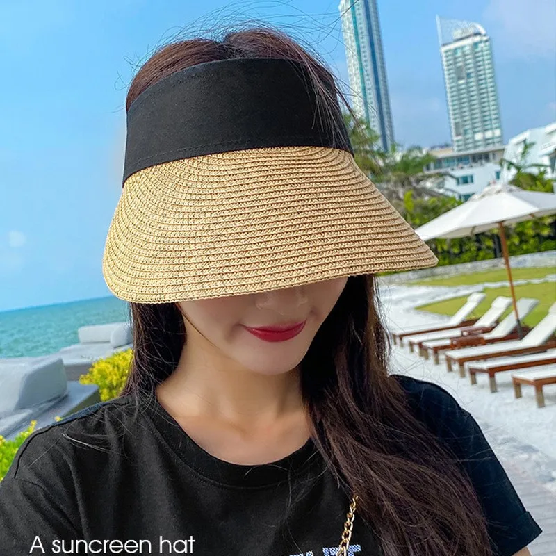 

Summer Empty Top Sunhat Portable Fashion Foldable Magic Tape Roll-up Beach Hat Wide Brim Women Sun Hat Casual Straw Cap Visors