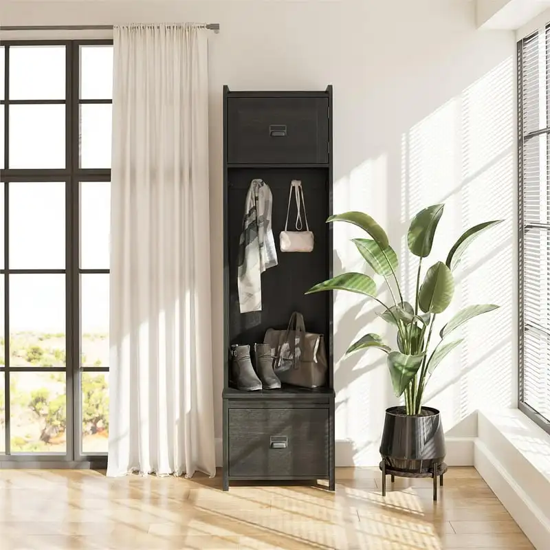 

Farmhouse Entryway Hall Tree with Storage , Black Oak