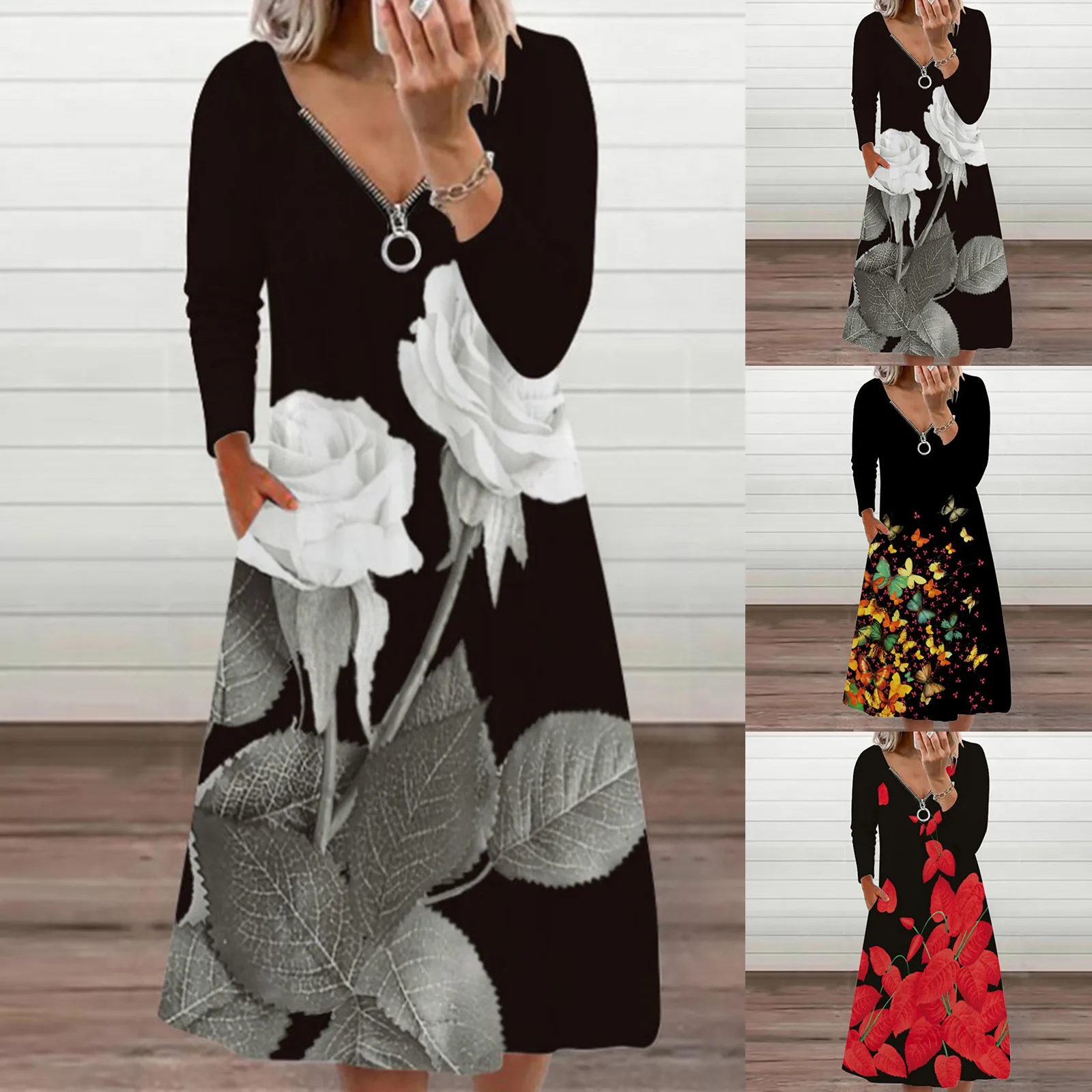 

Женское модное платье, повседневное пикантное платье на молнии с V-образным вырезом и длинным рукавом, на бретельках, с открытой спиной, пика...