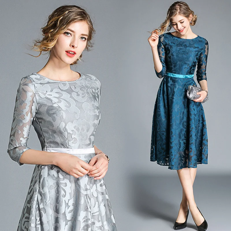 

Women's Spring and Summer New High-end Temperament Round Neck Medium Sleeve Slim Medium Length Lace Embroidery Large Swing Dress