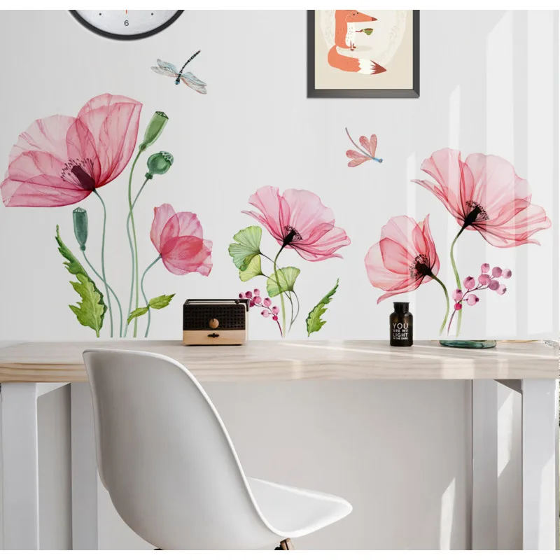 Pink Poppy Flower Wallpaper Lotus Leaf Dragonfly Romantic Literary Living Room Decoration Wall Decor Self-adhesive Wall Stickers