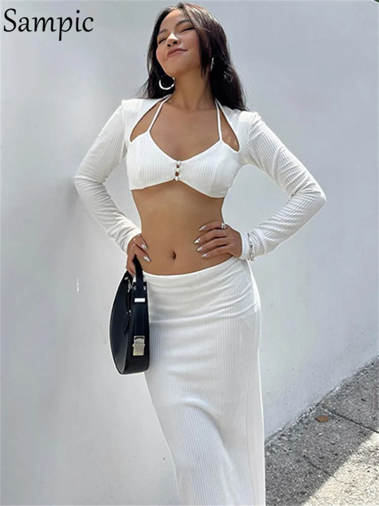 

Sampic Autumn Women Long Sleeve Crop And Midi Bodycon Skirt Two Piece Set Y2K Sexy Suit Party Outfit Clubwear 2022