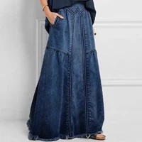 2021 vintage all match solid loose a line skirts women summer patchwork pockets tassels denim female skirt elastic waist new
