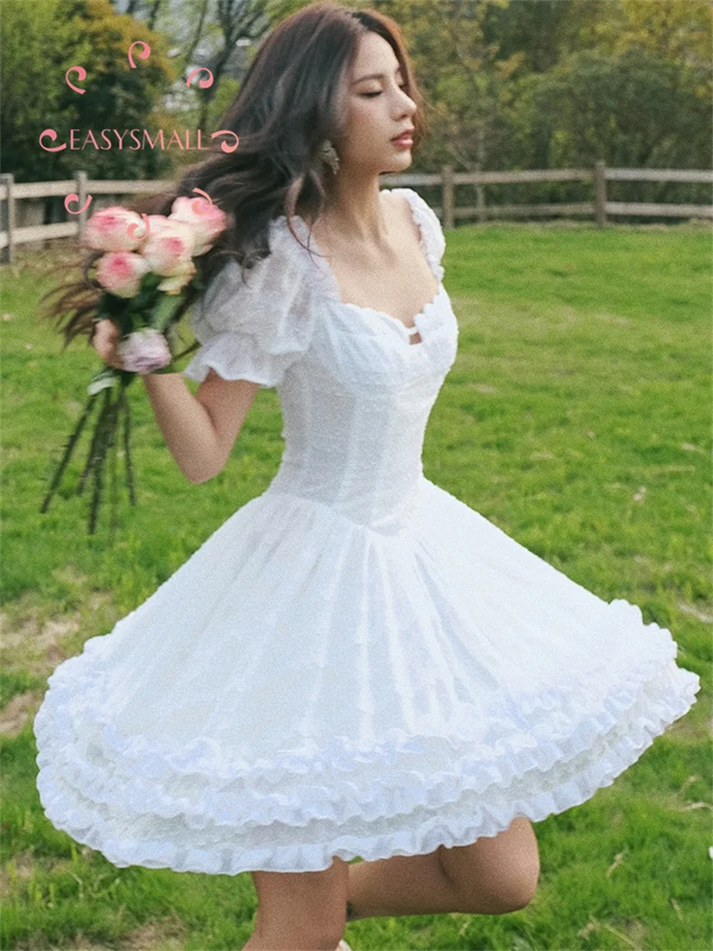 

Easysmall Onnmade Vietnam's Little Princess Escape Summer Square Neck Bubble Sleeve Princess Dress Slim Holiday Dress Strapless