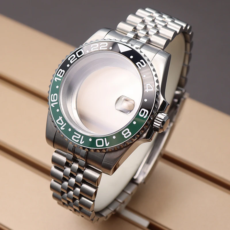 Enlarge 40mm GMT Case Strap Men's Watches Parts For Seiko nh35 nh36 Miyota 8215 eta 2824 Movement 28.5mm Dial Green Ceramic Bezel Insert