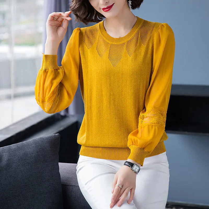 Autumn Winter Lace Patchwork Knitting Top Women Elegant Fashion All-match Sweater Ladies Solid Hollow Out Loose Casual Pullover