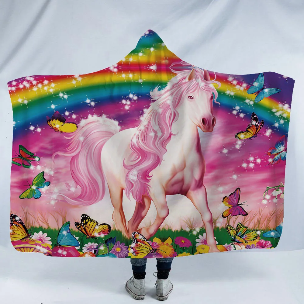 

Rainbow Unicorn 3D Print Hooded Blanket Adult Kid Wool Winter Warm Sofa School Home Travel Picnic Carrying Wearable Blanket