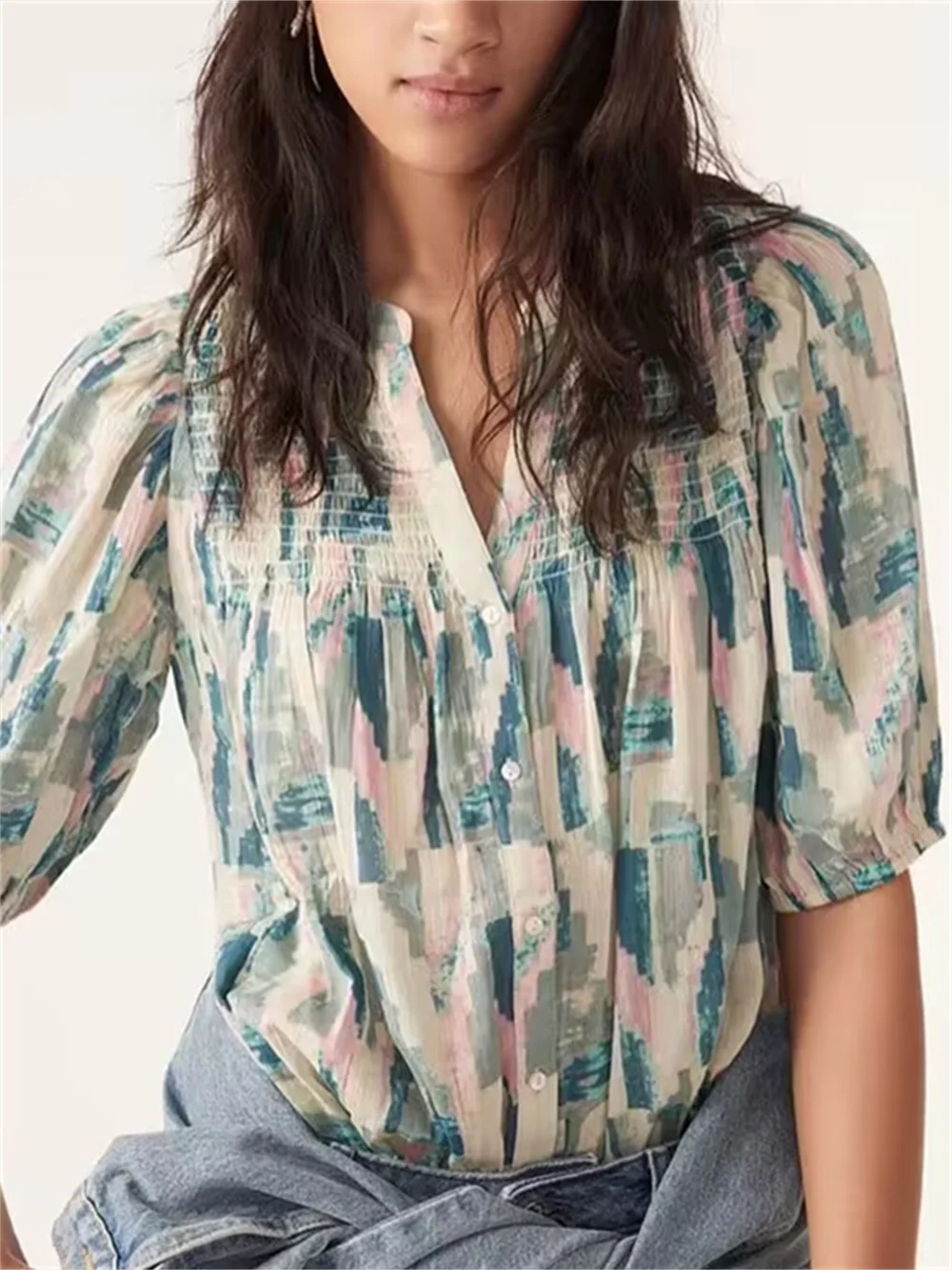 

Women Shirt Printed Short Sleeve Vintage Blouse