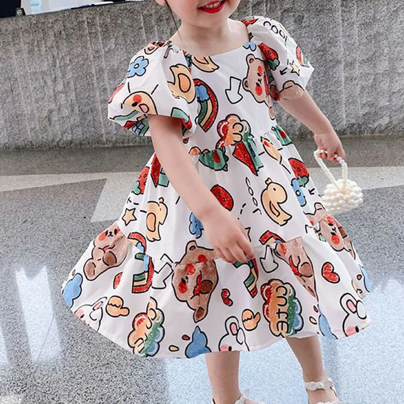 

Children's Cartoon Dress Fashion Casual Summer Round Neck Printing Puff Short Sleeve Midi Princess Dresses Kids Clothes Girls