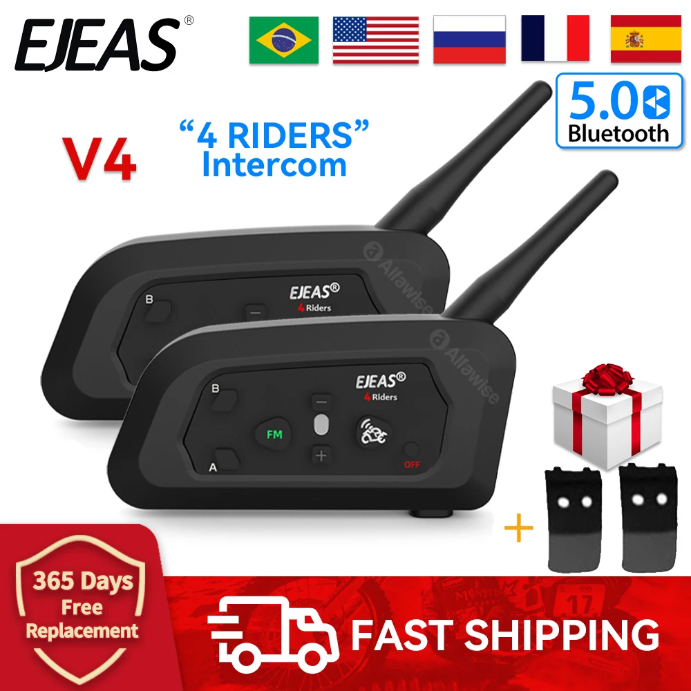 

EJEAS V4 4 Riders Bluetooth Motorcycle Helmet Intercom Waterproof Communicator Helmet Headset With FM Ridao Bt 5.0 Full Duplex