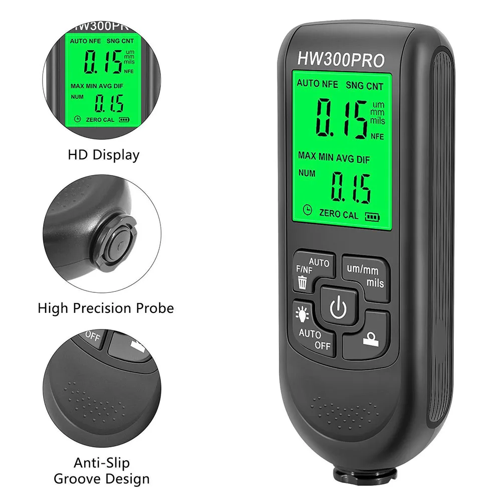 

Electroplate Metal Coating Thickness Tester HW-300 Digital 0-2000um Fe And NFe Probe Car Paint Coating Thickness Gauge