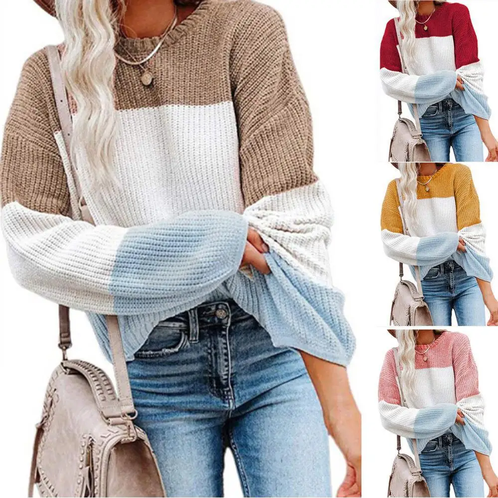 Autumn and Winter New Women's Color Contrast Knitwear Lantern Sleeve Pullover Sweater Female & Lady Casual Loose Long Sleeve Top