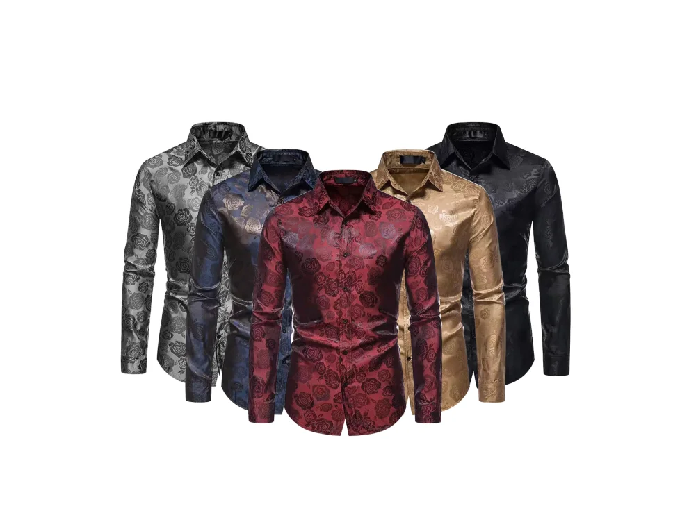 Mattswag Mens Luxury Shiny Rose Printed Shirts Long Sleeve Nightclub Party Stage Shirt Casual Slim Fit Stylish Camisa Hombre 2XL