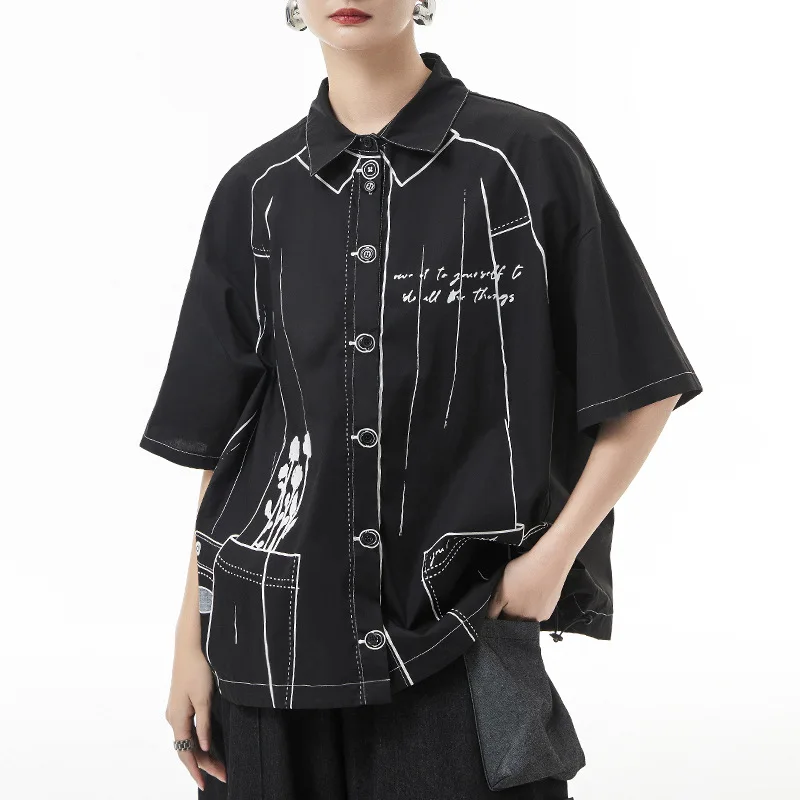 

SuperAen Printed Short Sleeve Turn Down Collar Shirt Women's Summer 2022 Thin Drawcord Hem Loose Lining Tops