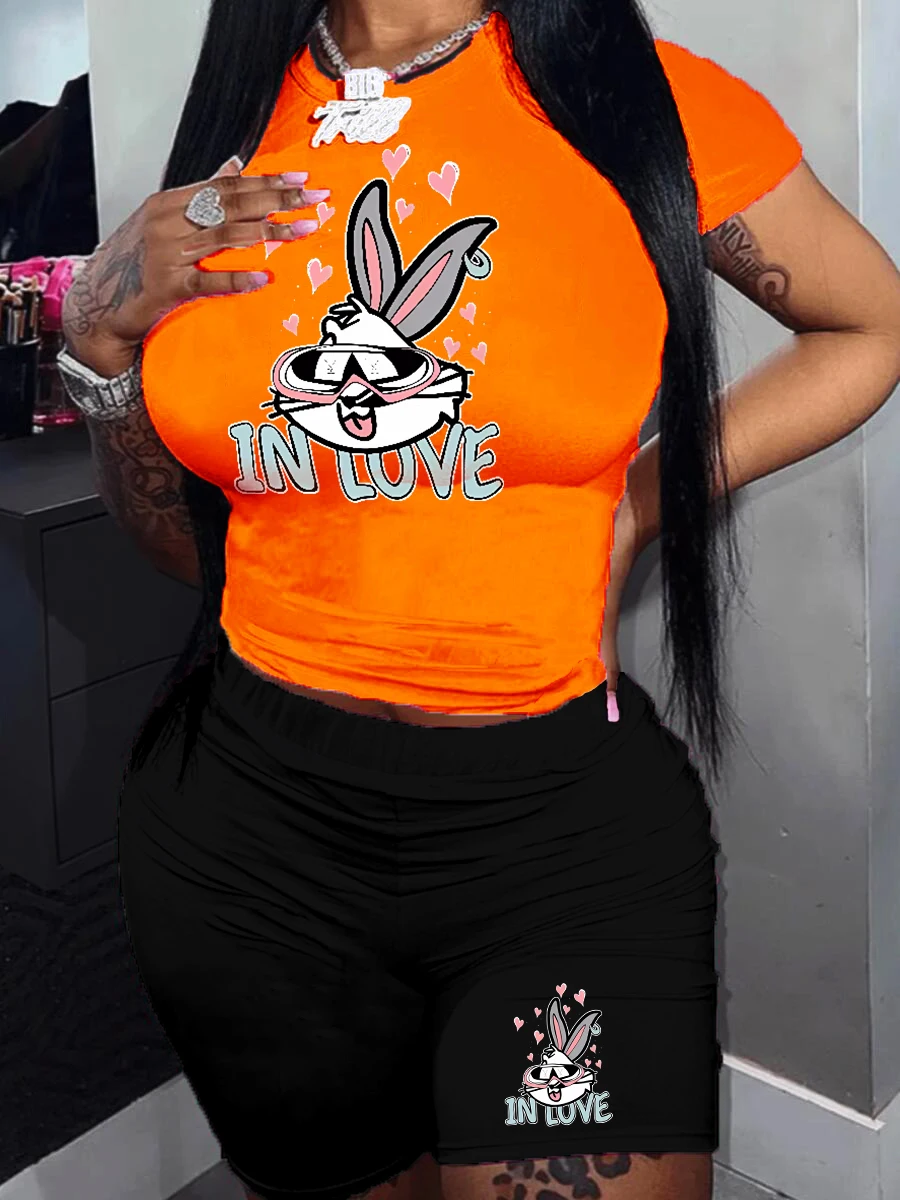 LW BASICS Plus Size Cartoon Letter Print Shorts Set Casual T-Shirt Y2k Graphics Top Shorts Set Femme Short Sleeve Two Pieces Set