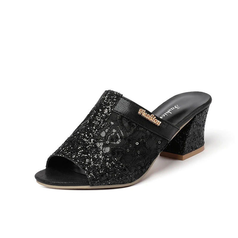 

New 2022 Summer Shoes Woman Gold Open Toe Sandals Womens High Heels Lace Dress Shoes High Heels Square Heels Size 34-43