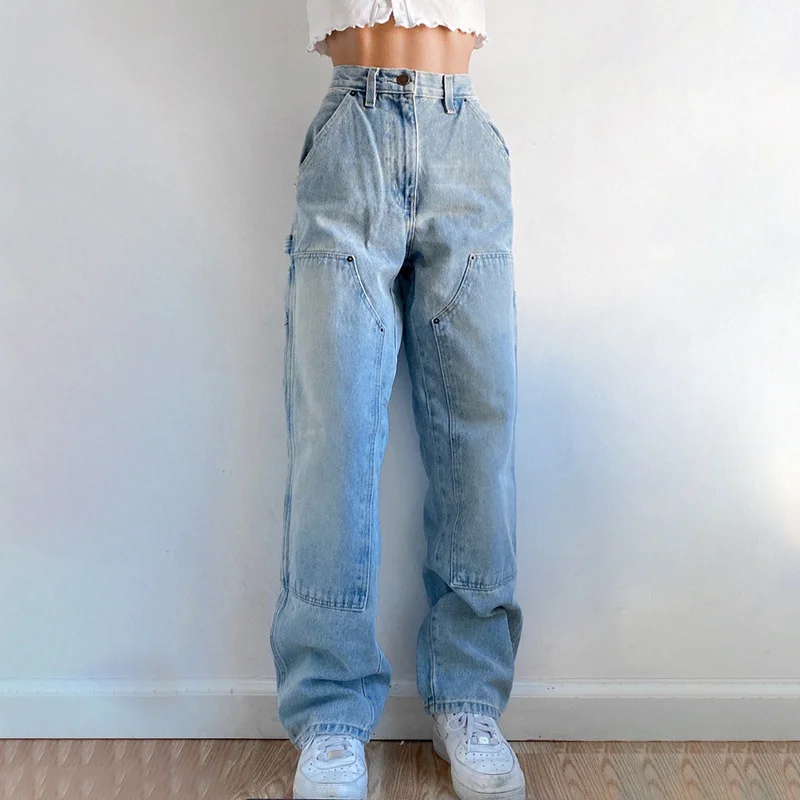 Women's Autumn New Casual Straight Denim Pants 2023 Baggy Jeans Mom Fit High Waist Loose Light Blue Jean Pocket Patchwork Female