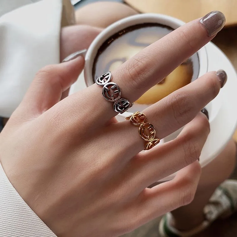 

PANJBJ Silver Gold Color Smil Happy Face Ring For Women Girl Lover Korea Personality Simplicity Jewelry Birthday Gift Dropship