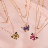 hot selling retro double layer collarbone chain colorful butterfly pendant necklace ins trendy fashion womens jewelry gift
