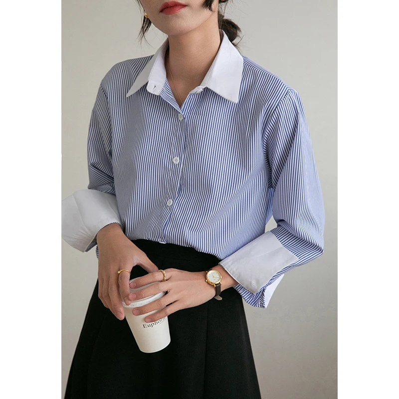 Новая корейская модная женская рубашка в полоску блузка женские топы на