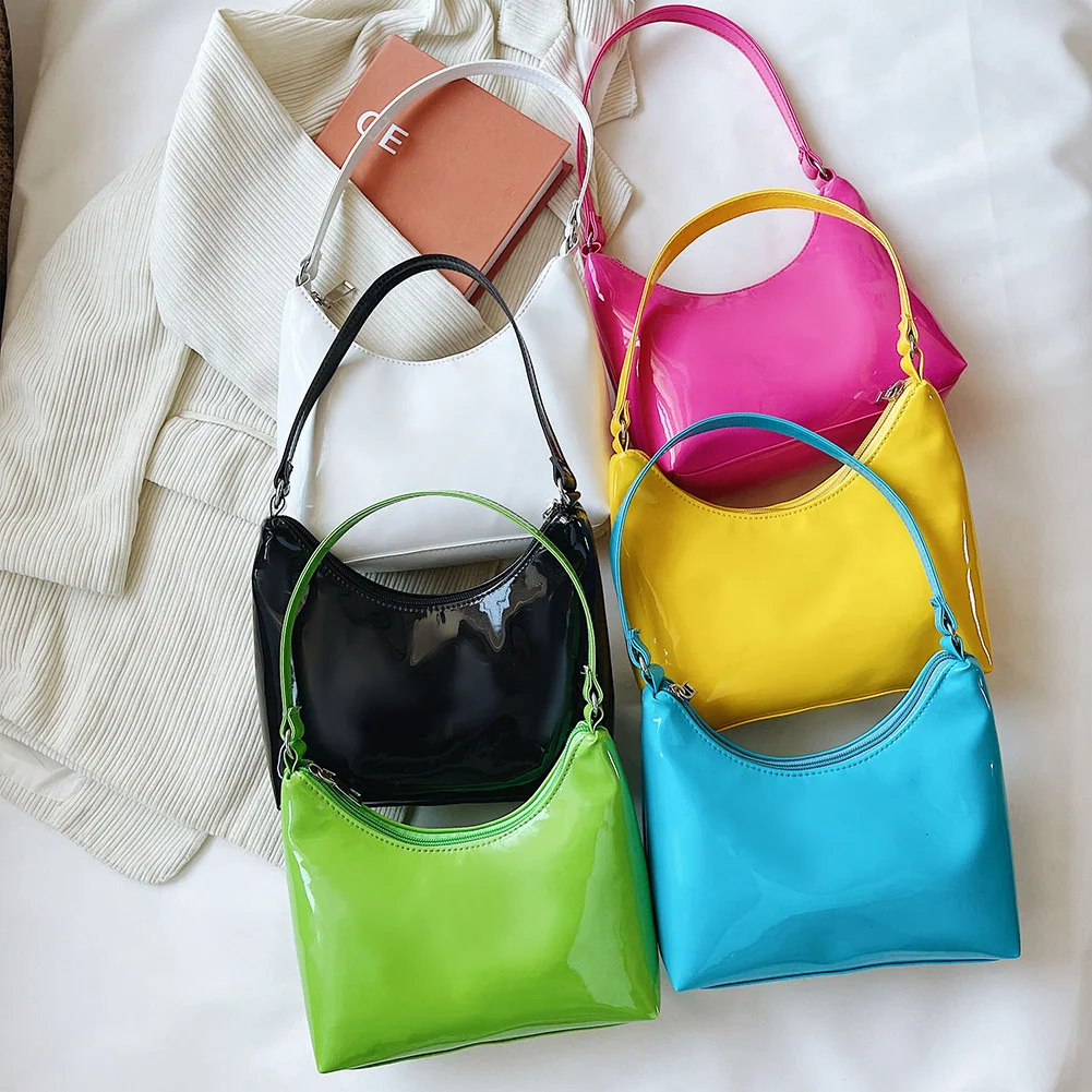 

Винтажная женская сумка через плечо из лакированной искусственной кожи, повседневная универсальная маленькая сумка-хобо, сумка, однотонны...