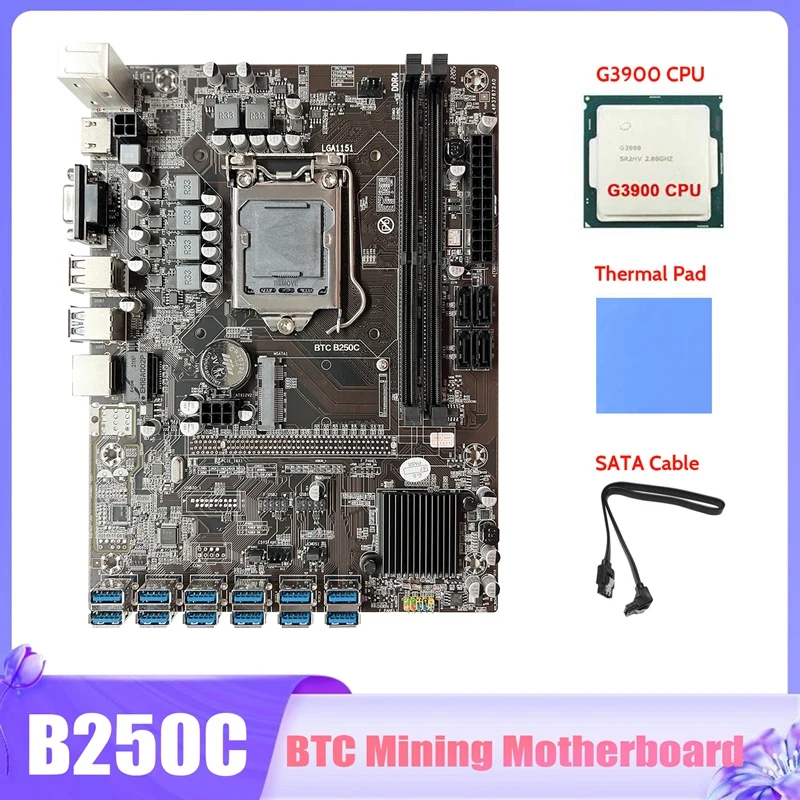 B250C BTC Mining Motherboard+G3900 CPU+SATA Cable+Thermal Pad 12X PCIE To USB3.0 GPU Slot LGA1151 Miner Motherboard
