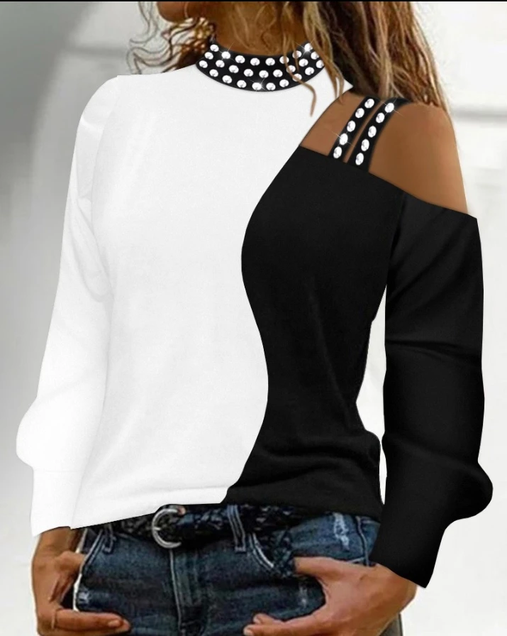 

Tops Women 2022 Trendy Fashion Rhinestone Decor Colorblock Cold Shoulder Top Casual Long Sleeve Blouses Autumn All-Match