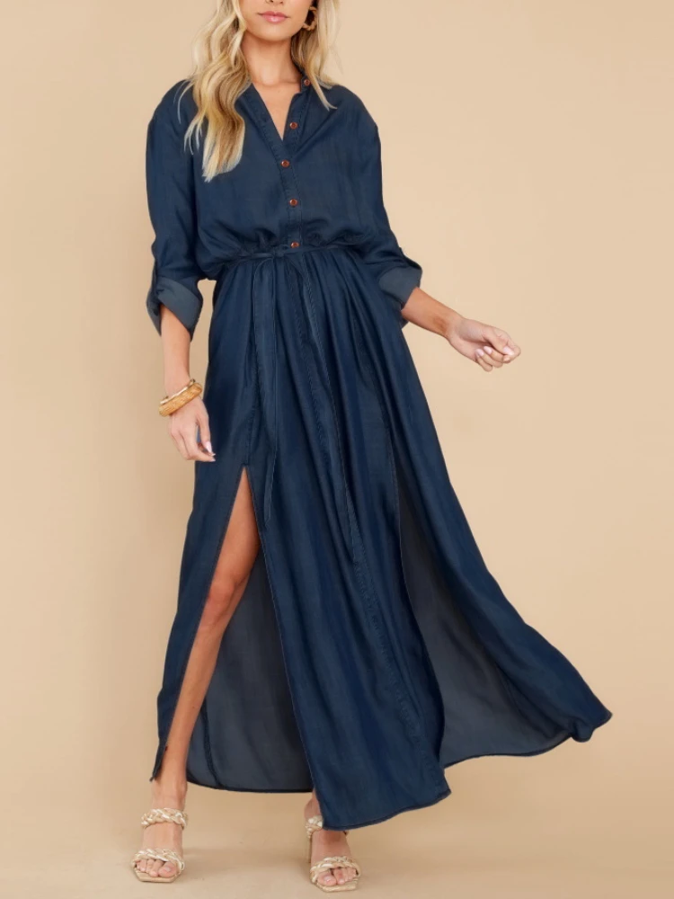 

Women Denim Shirt Dress Long Sleeve Office Buttons Lapel Dresses Autumn Fashion Slit Hem Long Dress Work Denim Vestidos 2XL