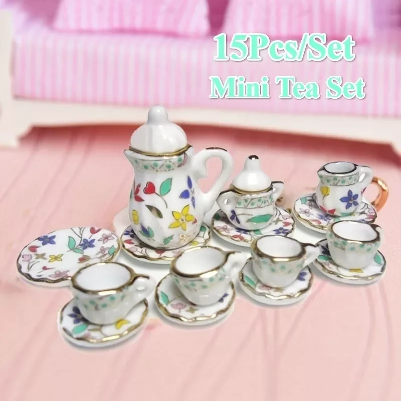 

NEW2022 15 Piece Miniature Dollhouse Dinnerware Porcelain Tea Set Tableware Cup Plate Colorful Floral Print