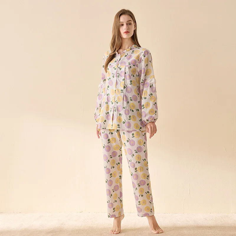 2022 New Summer 40S Double Fiber 100% Cotton Pajamas Sets Women Homewear High Quality Full Sleeve Night Sleep Pants