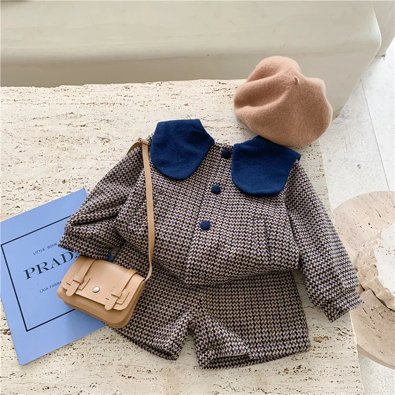 

Kids Girls Clothes Set 2021 Winter Fashion Houndstooth Lapel Knitting Long Sleeve Coat and Shorts Check Kids Clothes