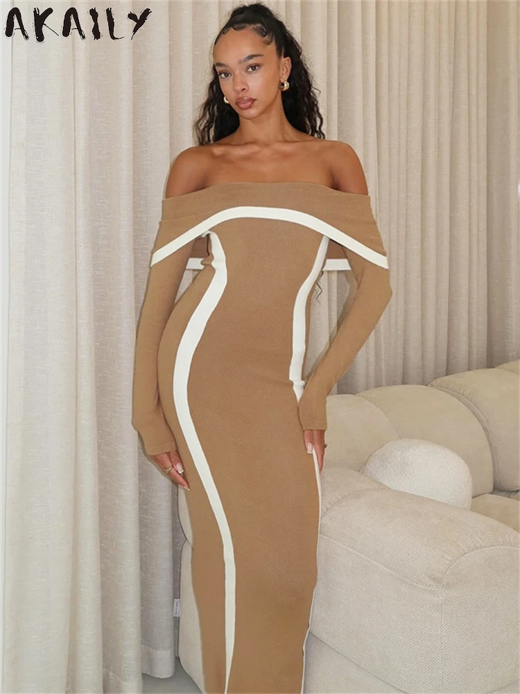 Akaily зимнее женское сексуальное длинное платье с открытыми плечами элегантный