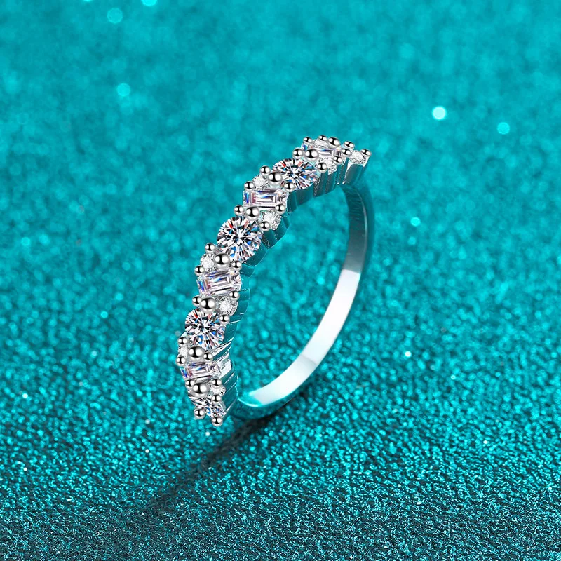 

Iced Out Geometric Moissanite Half Eternity Ring Women S925 Silver D Color Moissanite Wedding Band Platinum Plated Pass Tester
