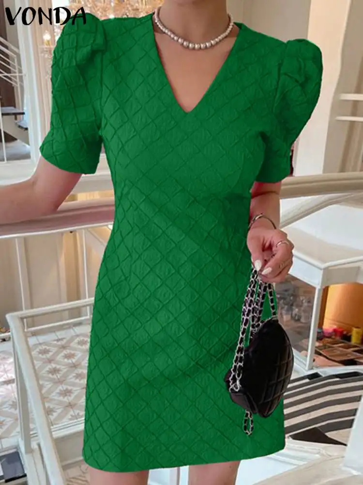 

Summer Party Mini Dress 2023 VONDA Elegant Women Sexy V-Neck Short Sleeve Sundress Fashion Casual Loose Solid Pleated Vestidos