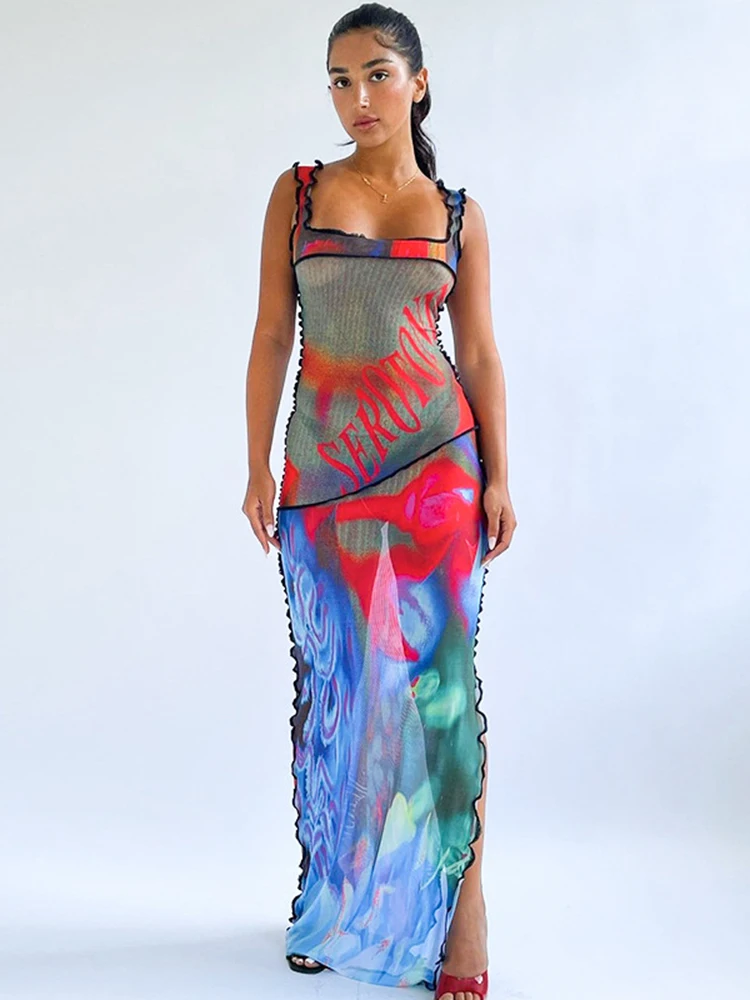 

Женское прозрачное Сетчатое платье Sifreyr, летнее пляжное платье для отпуска с разрезом, платье макси без рукавов