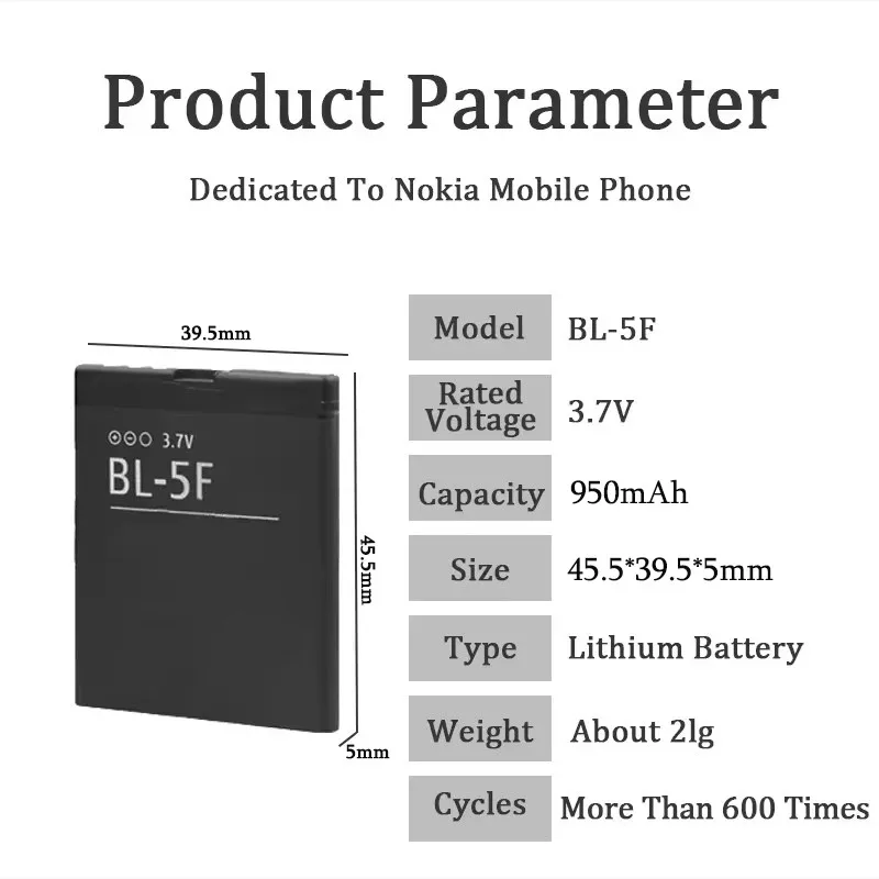 Сменная батарея BL-5F BL5F Bl 5F 950 мАч для мобильных телефонов E65 N93i N95 N96 N98 6290 6210S 6210n 6710NC5-01 (art.: 3920dbeecd0b3) - 3920dbeecd0b3