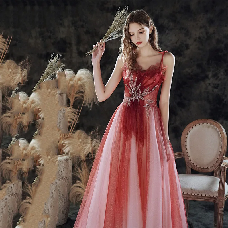 Elegant Red Fairy A-Line Tulle Wedding Dresses Vestido De Gala Bride Formal Party Spaghetti Straps Backless Prom Gowns