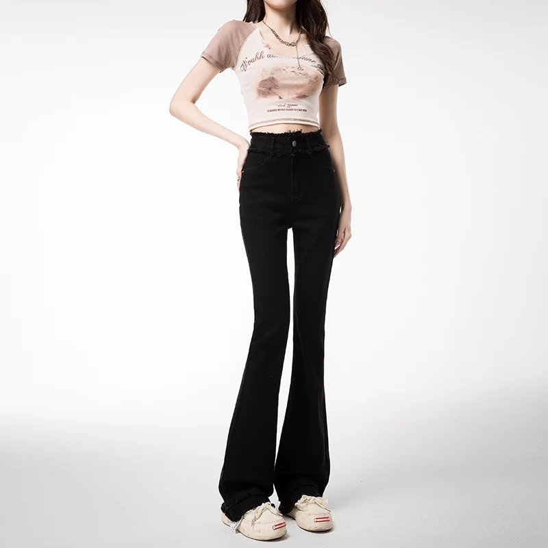 KRCVES Korean Of Fashionable Ruffled Jeans  Pants With Slight Flare For Women'S New High-Waisted Slim Versatile Trousers