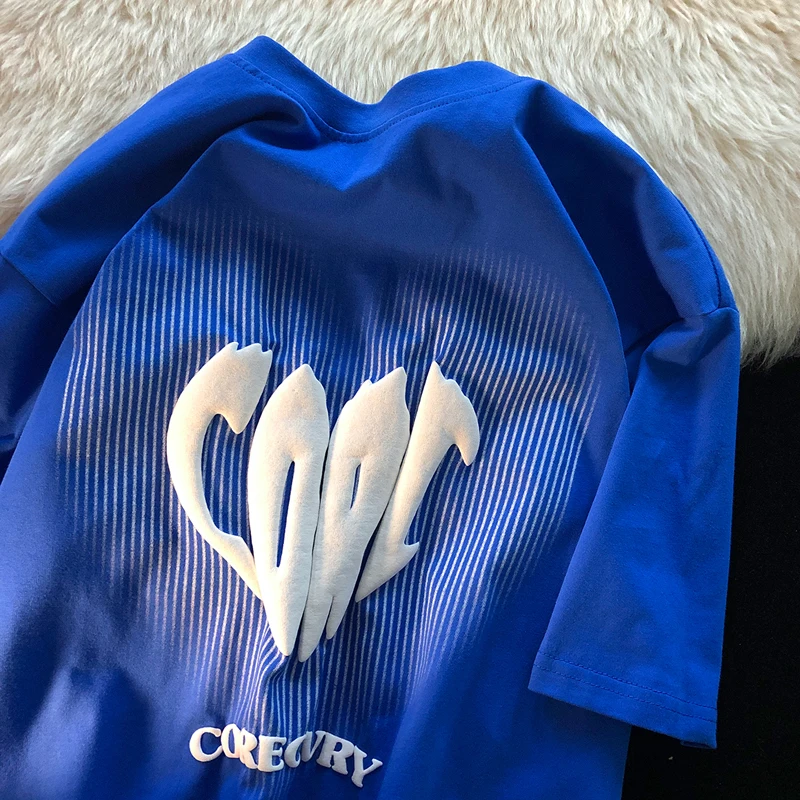 

Summer American Retro Short Sleeved Men and Women Cotton T Shirt Loose Stereogram Printing Ins Y2k Tops Woman Blue T Shirts