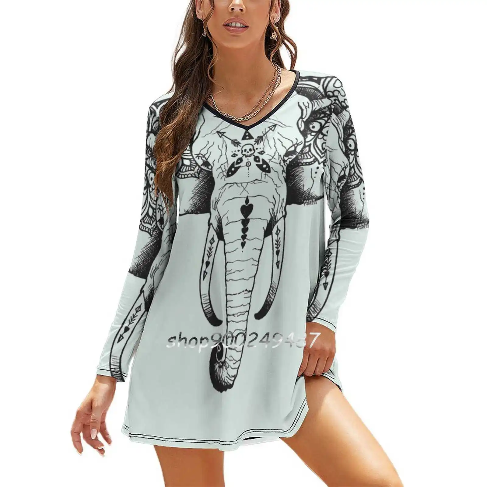 

Облегающее платье с татуировкой слона, с ажурной талией, осенне-зимние сексуальные платья с V-образным вырезом и длинным рукавом, платье Зен-...