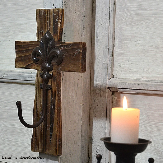 

Single Handmade Aged Cross Wood Metal Vintage Wall Hook