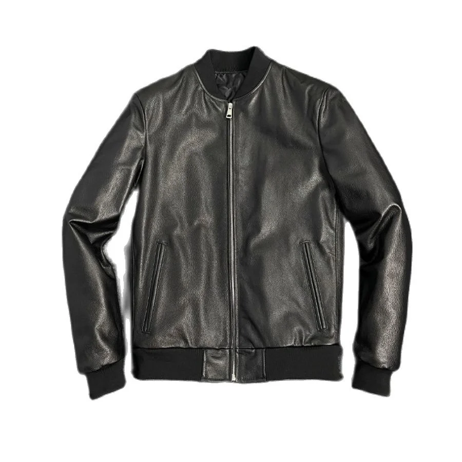 

Men's Cowhide Leather Baseball Jacket Short Slim Zipper Varsity Coat Motorcylce Casual Vintage Clothes for Male